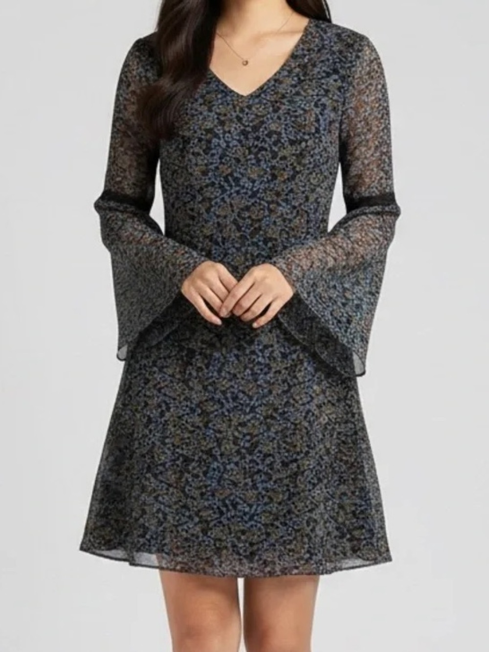 CAbi Poise Ditsy Floral Bell Sleeve V Neck Dress Size L